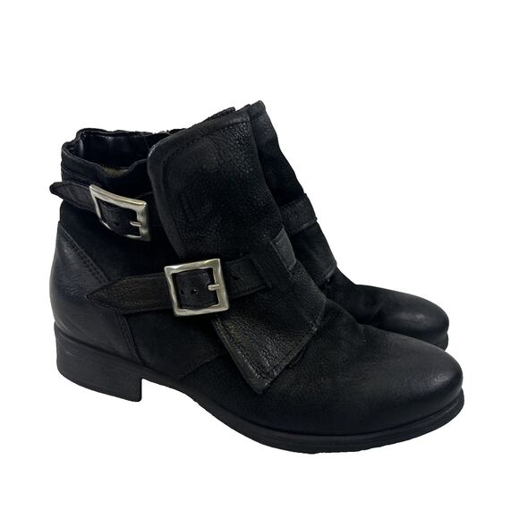Miz Mooz Sandros Ankle Boot Moto Black Leather Double Buckle Zip Women 38 US 7.5 - Picture 1 of 14